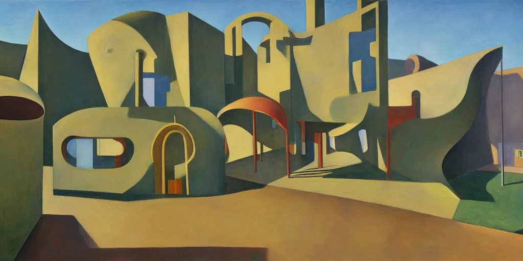 Image similar to biomorphic architecture, fantastical courtyard, grant wood, pj crook, edward hopper, oil on canvas