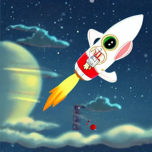 Image similar to kamikaze rabbit riding a rocket above earth in the style of merry melodies