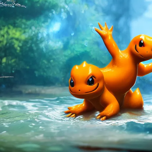 Image similar to a charmander made of water, ultra realistic, concept art, intricate details, highly detailed, photorealistic, octane render, 8 k, unreal engine, art by boris vallejo