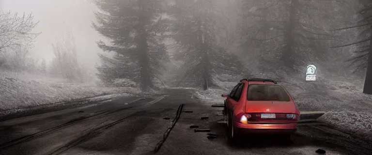 Image similar to Audi A4 B6 Avant (2002), a gritty neo-noir, dramatic lighting, cinematic, eerie person, death, homicide, homicide in the snow, gunshots, establishing shot, extremely high detail, photorealistic, red mist, red fog, chaos, arson, burning city, cinematic lighting, artstation, by simon stalenhag, Max Payne (PC) (2001) winter New York at night, In the style of Max Payne 1 graphic novel, flashing lights, Poets of the Fall - Late Goodbye