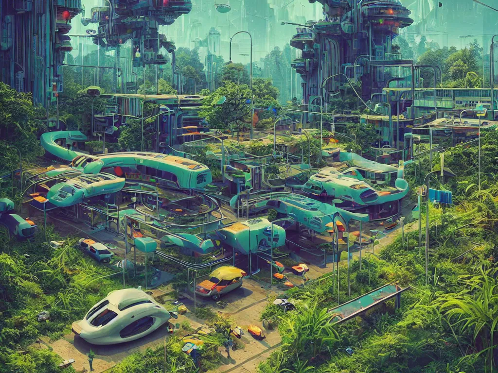 Image similar to 80s futuristic outdoor retro arcade, desolate, lush vegetation:: Simon Stålenhag and beeple and James Gilleard and Justin Gerard :: ornate, dynamic, particulate, intricate, elegant, highly detailed, centered, artstation, smooth, sharp focus, octane render, 3d