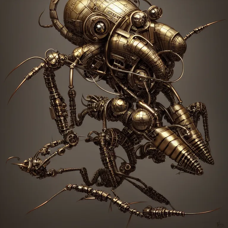 Image similar to steampunk robot ant, 3 d model, unreal engine realistic render, 8 k, micro detail, intricate, elegant, highly detailed, centered, digital painting, artstation, smooth, sharp focus, illustration, artgerm, tomasz alen kopera, peter mohrbacher, donato giancola, wlop