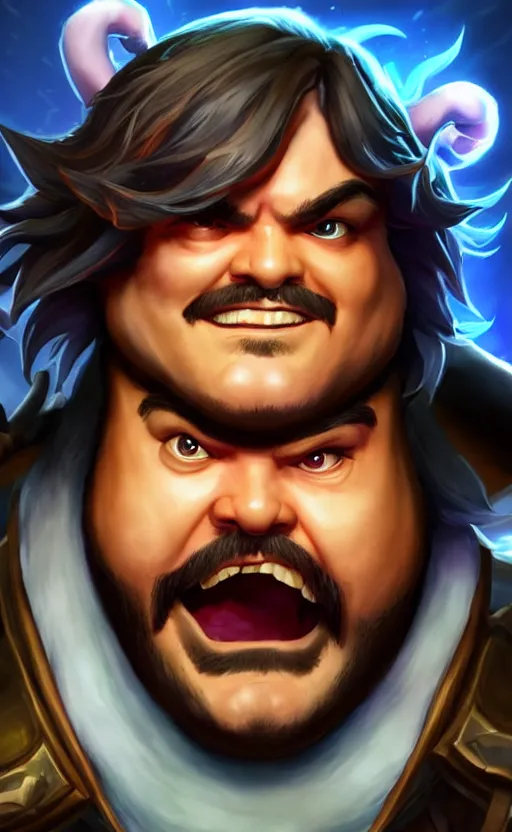 Image similar to Jack Black as a character in the game League of Legends, with a background based on the game League of Legends, detailed face, old 3d graphics