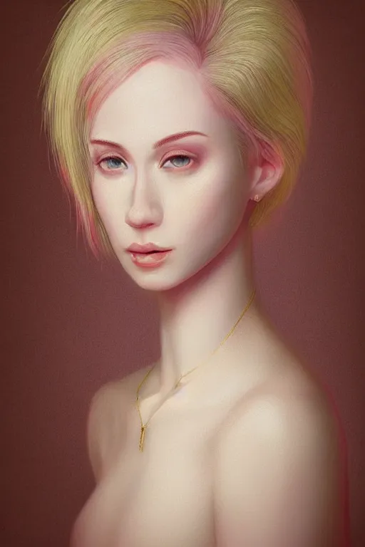 Image similar to “Portrait of a Beautiful pale skin female with short pink hair, elegant, digital painting, highly detailed, artstation, concept art, smooth, sharp focus, gold, neon lighting, illustration, art by Klimt and Ayami Kohima .”