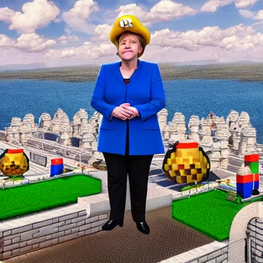 Image similar to angela merkel in a super mario costume, extremely detailed, 8 k, photorealistic, cinematic atmosphere, award winning photography