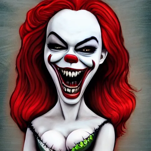 Image similar to grunge cartoon painting of margot robbie with a wide smile and a red balloon by chris leib, loony toons style, pennywise style, corpse bride style, horror theme, detailed, elegant, intricate