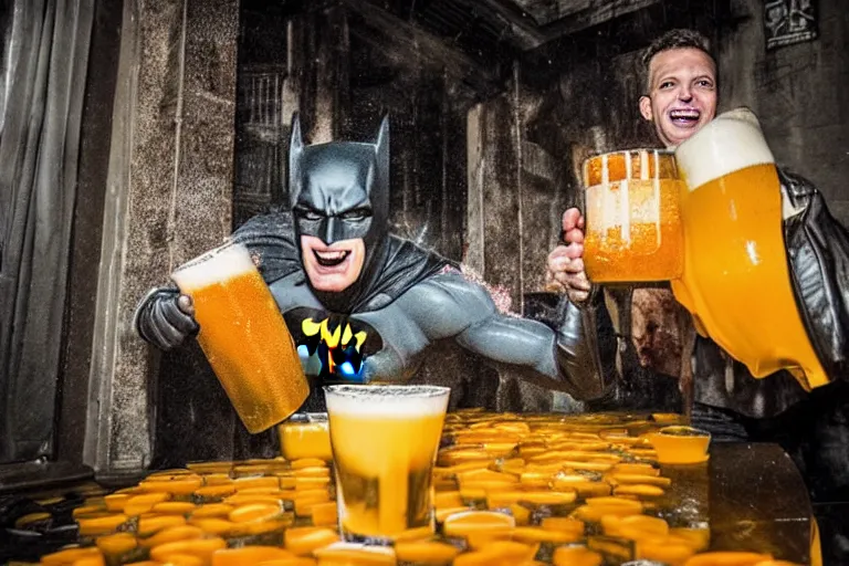 Image similar to batman covered in lots of orange juice offering free beer, chasing through old brown decrepit hallway, creepy smile, atmospheric eerie lighting, dim lighting, bodycam footage, motion blur, blurry photography