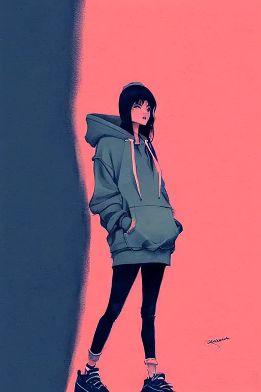 Image similar to a ultradetailed painting of a stylish girl in a oversized hoodie and sneakers by conrad roset, greg rutkowski and makoto shinkai trending on artstation