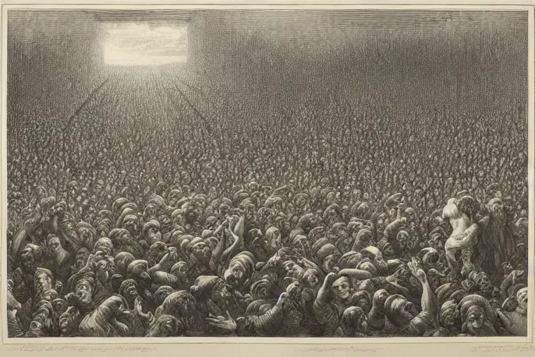 Image similar to aerial view, crowd of people looking up, Gustave Dore lithography