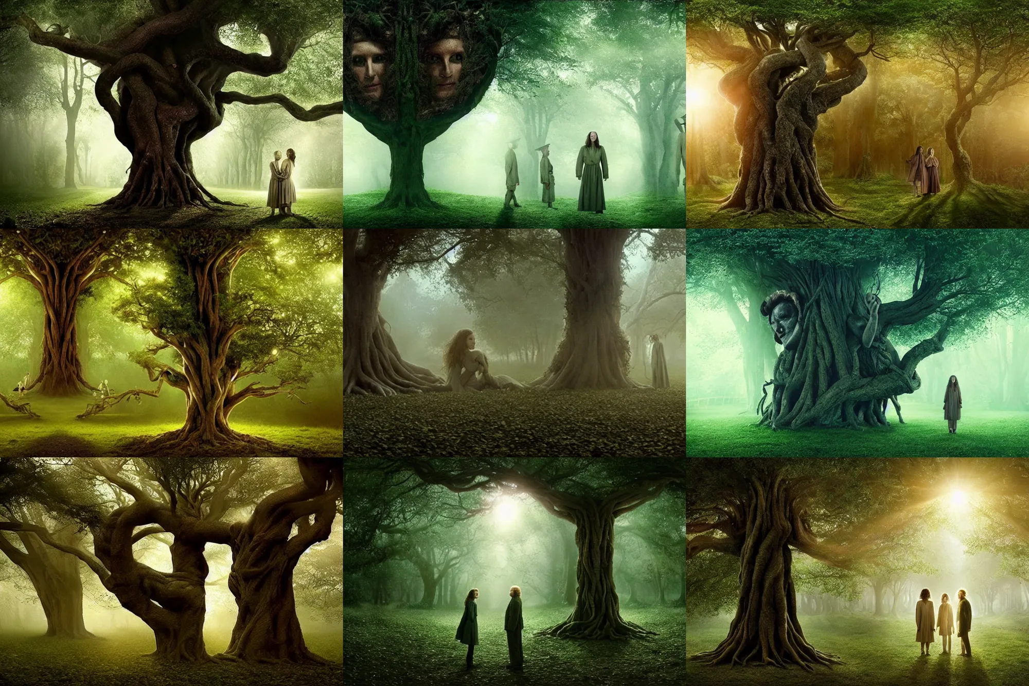 Prompt: the tree with heads as leaves | pan's labyrinth movie by ridley scott with cinematogrophy of christopher doyle and art direction by hans giger, anamorphic bokeh and lens flares, 8 k, higly detailed masterpiece, cinematic, fog