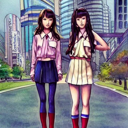 Image similar to a perfect, realistic professional digital sketch of a Japanese schoolgirls posing in a sci-fi cityscape, style of Marvel, full length, by pen and watercolor, by a professional American senior artist on ArtStation, a high-quality hollywood-style sketch, on high-quality paper