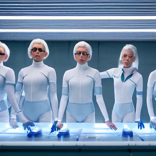 Image similar to line of six identical athletic female clones in formation, white hair, tight light blue neopren suits, elevated conveyor belt, futuristic chemistry lab, sci - fi, highly detailed, cinematic