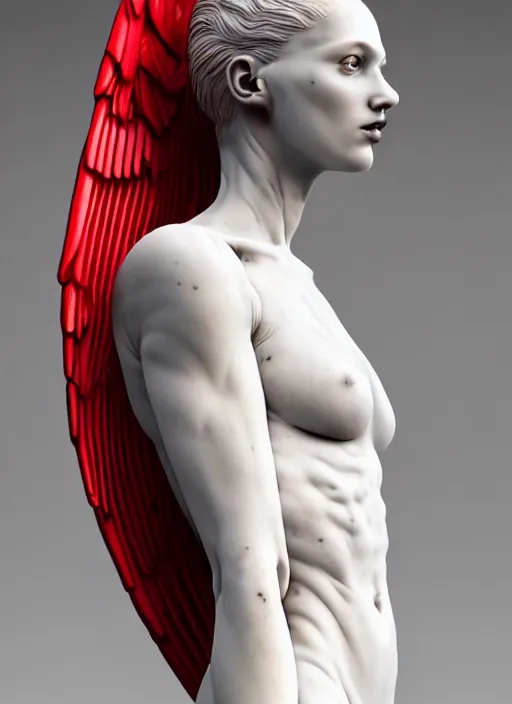 Prompt: a statue made of white marble covered in blood, of an gorgeous futuristic cybernetic angel girl, prostheses, transhumanism, full body shot, perfect symmetrical body, perfect symmetrical face, hyper realistic, hyper detailed, by johannen voss, by peter kemp, by monia merlo, by michelangelo, octane render, blender, 8 k