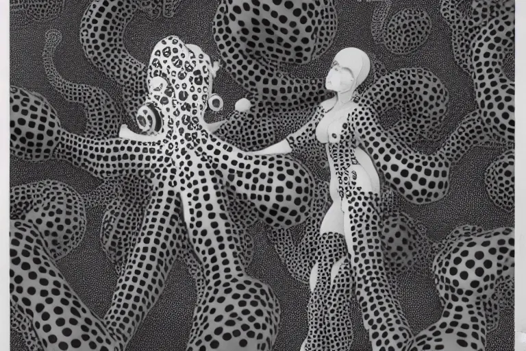 Prompt: a female body with octopus suction cups by yayoi kusama rending on cgsociety, retrofuturism, reimagined by industrial light and magic, darksynth, sci - fi