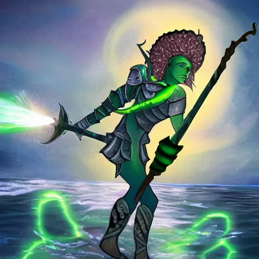 Prompt: a d&d triton with green hair, wielding a staff with a glowing crystal, wearing studded leather armor, male, dungeons and dragons character, standing beside the ocean, digital art