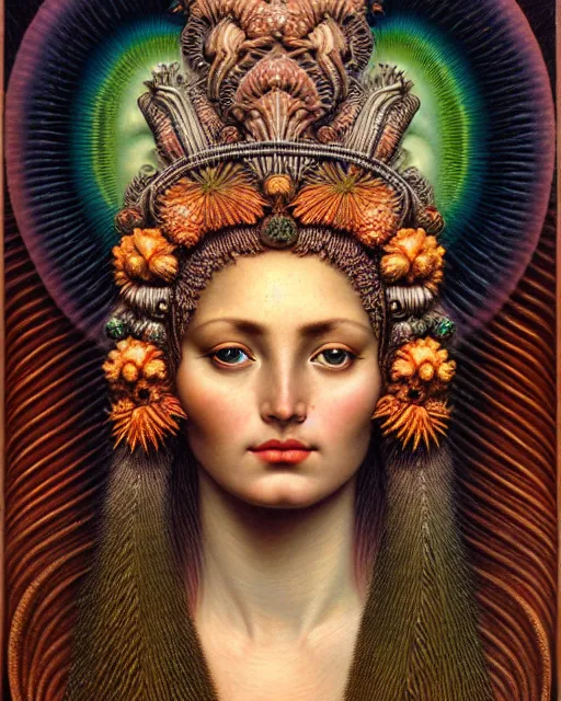 Image similar to hyperrealistic detailed face portrait of the beautiful goddess of the volcanos with an intricate headdress of an erupting volcano, art by ernst haeckel, john william godward, android jones, h. r. giger, gothic - cyberpunk, ornamental, dimmed pastel colours,