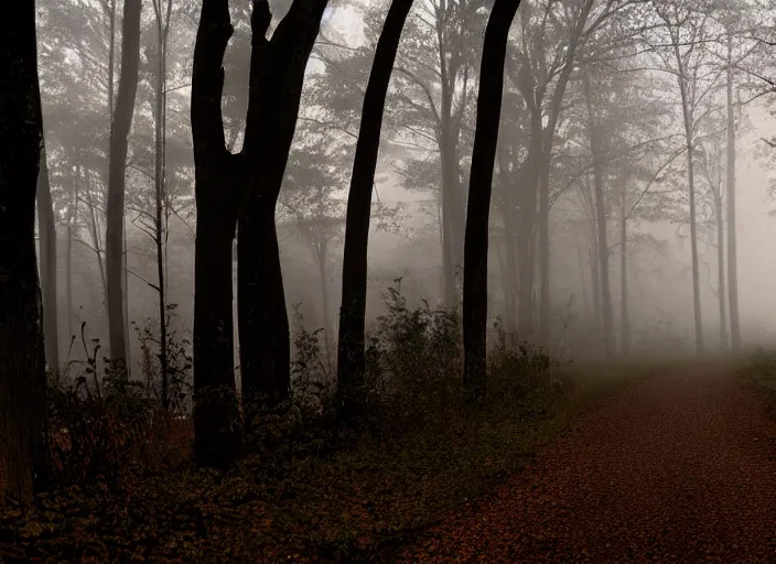 Image similar to car praked in the woods with red tail light. backlit. foggy night