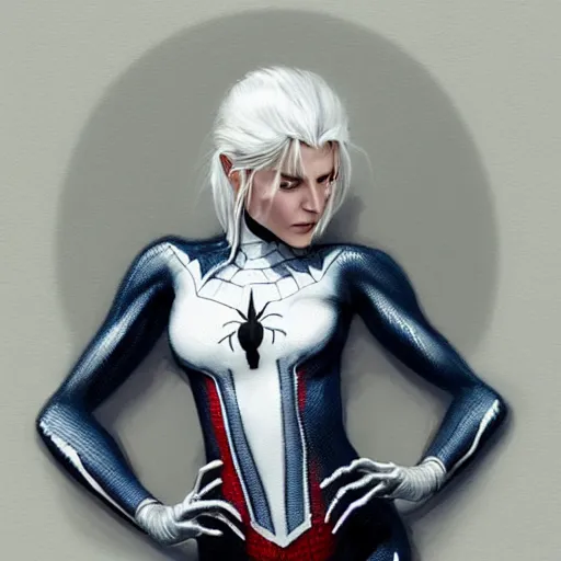 Prompt: full body portrait of white haired woman in spider man suit, super hero, webs, highly detailed!! digital painting, artstation, concept art smooth, sharp focus, greg rutkowski, artey freytag