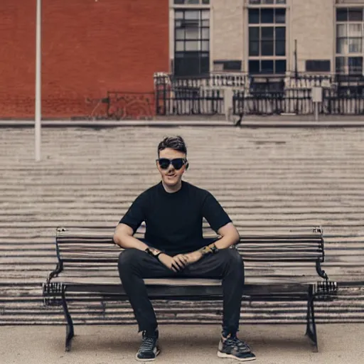 Prompt: man with sunglasses sitting on a bench