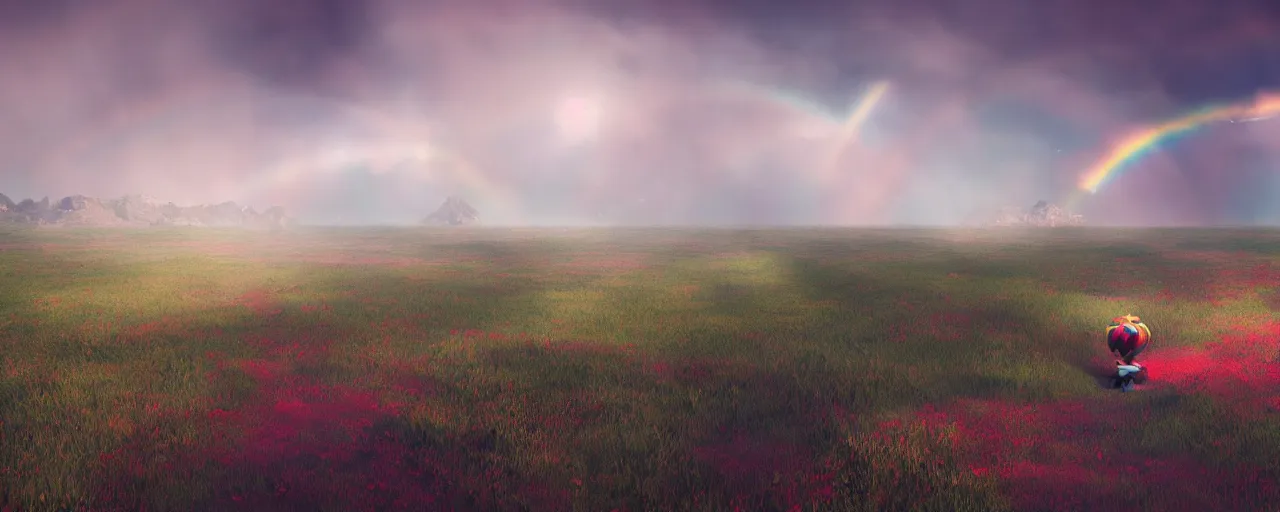 Image similar to ” clown world landscape, [ by wlop, cinematic, detailed, clown, widescreen, opening, establishing, mattepainting, photorealistic, rainbow textures, octane render ] ”