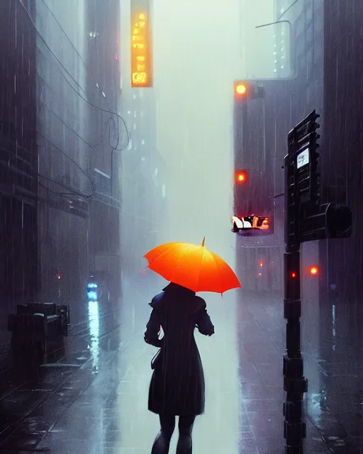 Image similar to blade runner, hyper - realistic portrait of a girl with umbrella, real street, rain, cinematic, by atey ghailan, by greg rutkowski, by greg tocchini, by james gilleard, by joe fenton, by kaethe butcher, 8 k, very intricate, 8 0's, night