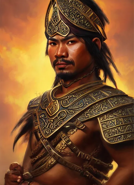 Image similar to smart tai warlord, closeup portrait, historical hero, ethnic group, khmer costume, bronze headset, intricate, with leather armor cross on bare chest, elegant, loin cloth, highly detailed, oil painting, artstation, concept art, matte, sharp focus, illustration, hearthstone, art by earl norem