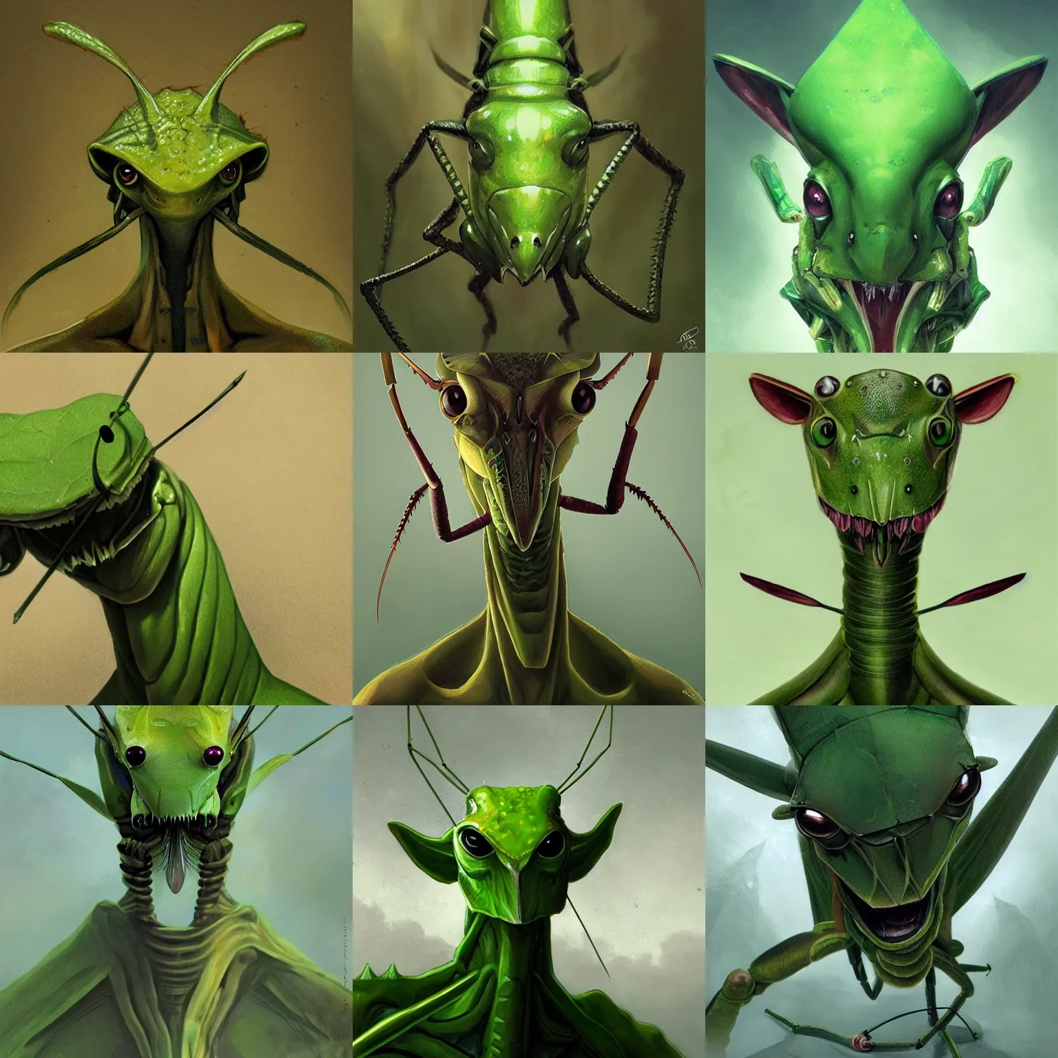 Prompt: portrait of green anthropomorphic mantis religiosa ; hard predatory look ; d & d rogue ; 6 legs ; triangle - shaped head with antennae ; concept art ; artstation ; 8 k ; wallpapers ; heavy contrast ; cinematic art ; cgsociety ; art by greg rutkowski and artgerm