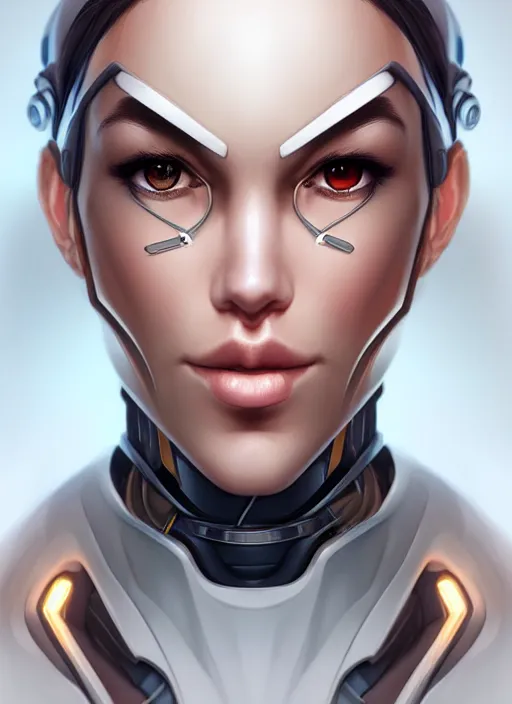 Image similar to portrait of a cyborg woman by Artgerm, (((((face turns left))))) ((face turns right)), eyes closed , biomechanical, hyper detailled, trending on artstation