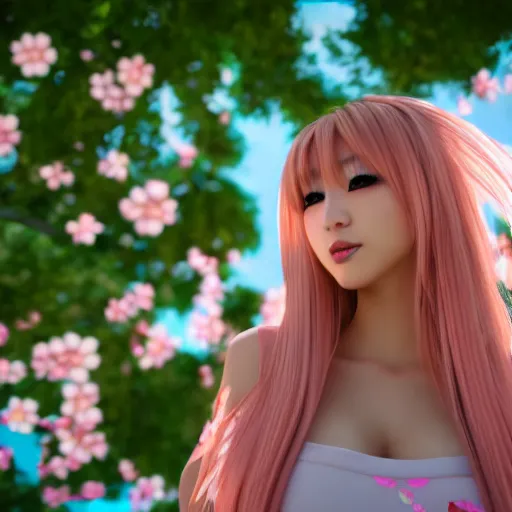 Image similar to a 4k photo famous japanese gyaru with Sakura tree blooming on background, unreal engine