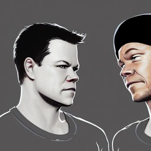 Image similar to Matt Damon and Mark Wahlberg looking at each other confused in the mirror, artstation, concept art, smooth, sharp focus, illustration