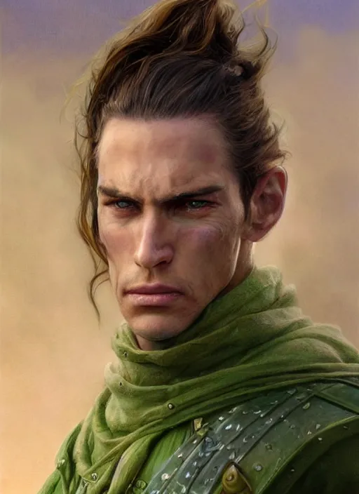 Image similar to a warrior in his twenties smirking with long light brown hair tied back, light green eyes, a large forehead, a widows peak and a round face with high cheekbones and full lips as a realistic d & d fantasy character, portrait art by donato giancola and greg rutkowski, vintage retro, realistic face, digital art, trending on artstation