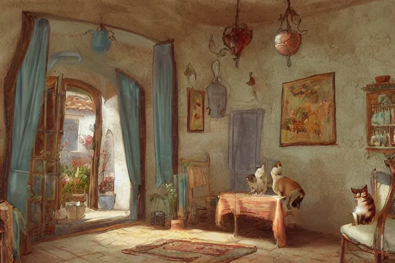 Prompt: a very very very very detailed digital art wide angle view on Cute Cat in Provence style Room,