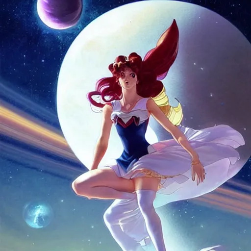 Prompt: Sailor Moon jumping across the sky with Moon and planets in background, nature unity, planets align, high detail, upscale, art by artgerm and greg rutkowski and alphonse mucha