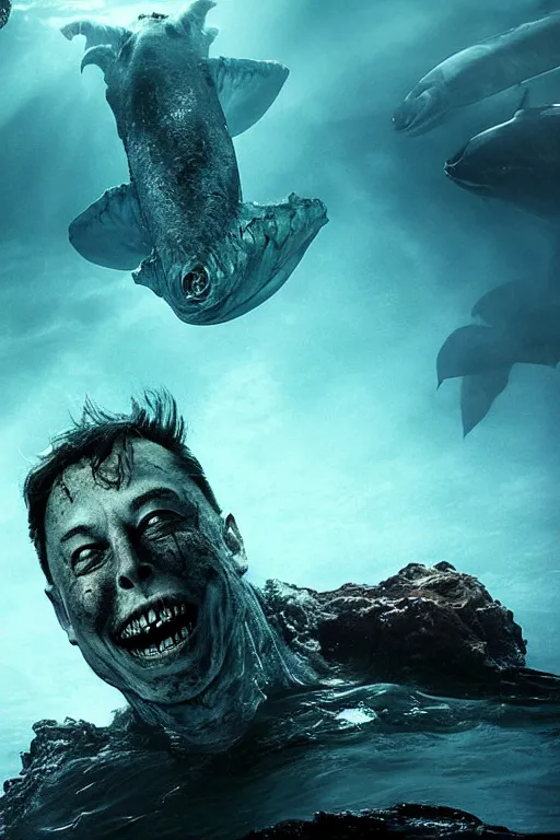 Prompt: elon musk as a fantastic scary sea creature, photorealistic, cinematic lighting, highly detailed, by guillermo del toro