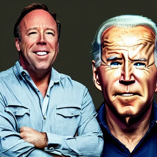 Image similar to movie poster with Alex Jones and Joe Biden hiding from a giant frog carrying a pride flag