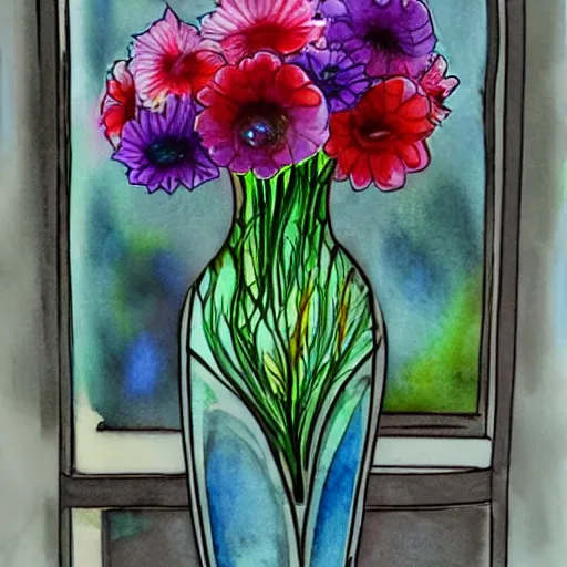 Image similar to a fancy vase with a colorful and beautiful flower arrangement by the fancy window. very stylize and delicate watercolor and pencil drawing. 3 d. beautiful lighting, 4 k post - processing, trending in art station, cg society, view from far. 5 k extremely detailed
