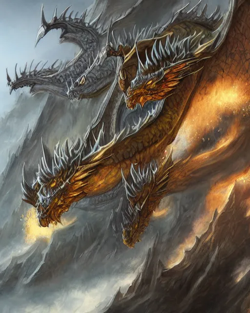 Prompt: an epic action concept masterpiece of an exquisite three headed dragon, inspired by sd ai. digital art