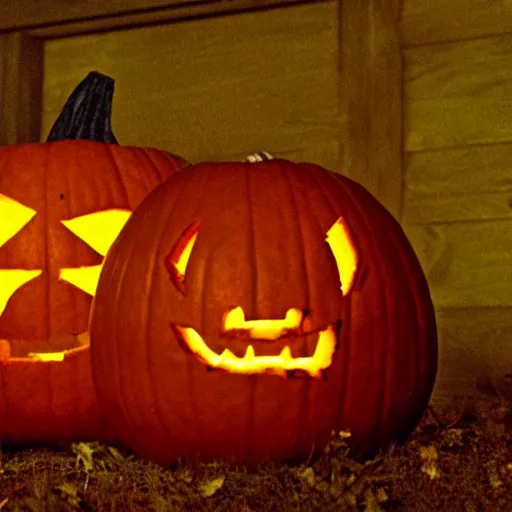 Prompt: pumpkin monster in the blair witch project, charlie brown and linus, night time, ominous,