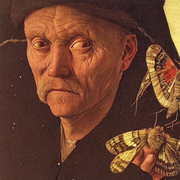 Image similar to close up portrait of a dying old man with moth. night with stars. jan van eyck