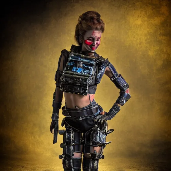 Image similar to full length photo of a very beautiful female atompunk warrior, 8 k, hdr, smooth, sharp focus, high resolution, award - winning photo