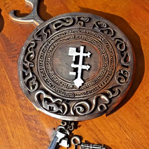 Prompt: a large ornate key with gems and engraved runes, on a wooden dungeon table, d & d, photo