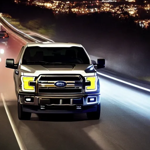 Image similar to ford f - 1 5 0 driving behind a car on the highway with the highbeams on, nighttime, photo, detailed