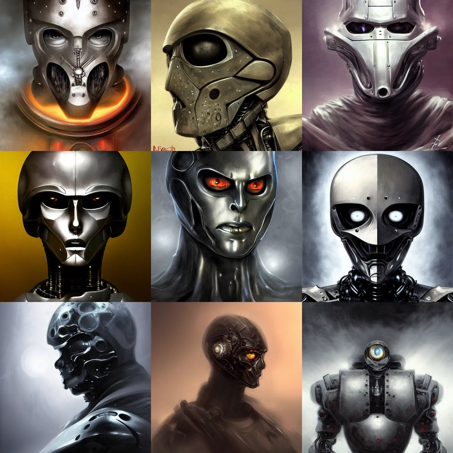 Image similar to Concept Digital Art Highly detailed Art Robot portrait with chrome and silver padding by Frank Frazetta, mysterious background and dark fog, mysterious gaze, humanoid portrait