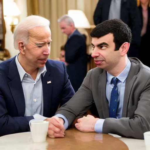 Image similar to Nathan Fielder conversing with Joseph Biden