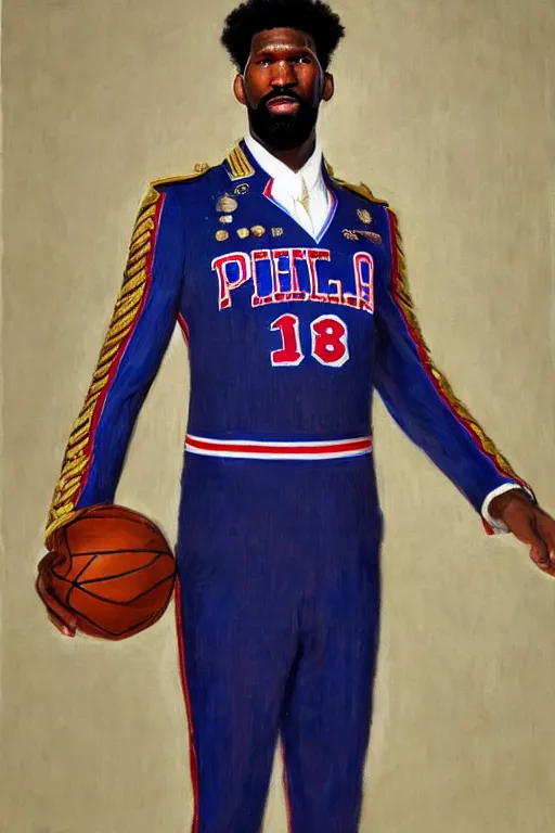 Image similar to full body portrait of the dictator of the philadelphia 7 6 ers, 1 8 8 9, in full military garb, joel embiid, oil on canvas by william sidney mount, trending on artstation