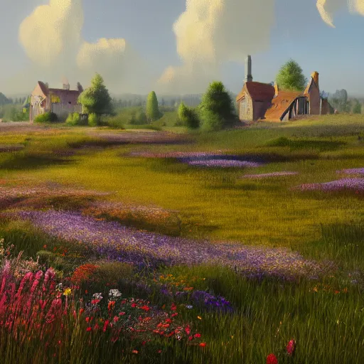 Image similar to a matte painting of a european prairie, cottage town, patchy flowers, oil painting, pale colors, high detail, 8 k, wide angle, trending on artstation,