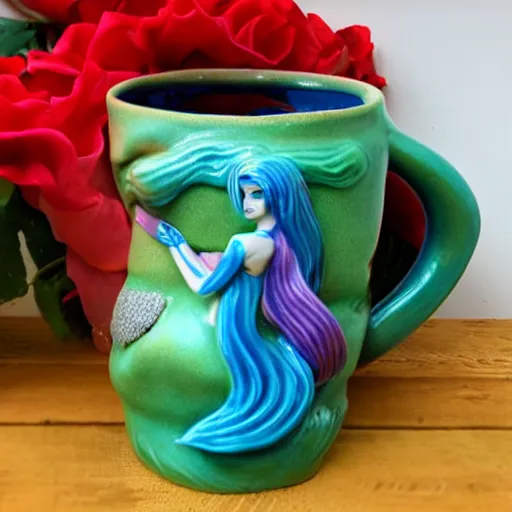 Image similar to a ceramic mermaid sculpture mug, creative, beautiful, award winning design, functional, colorful