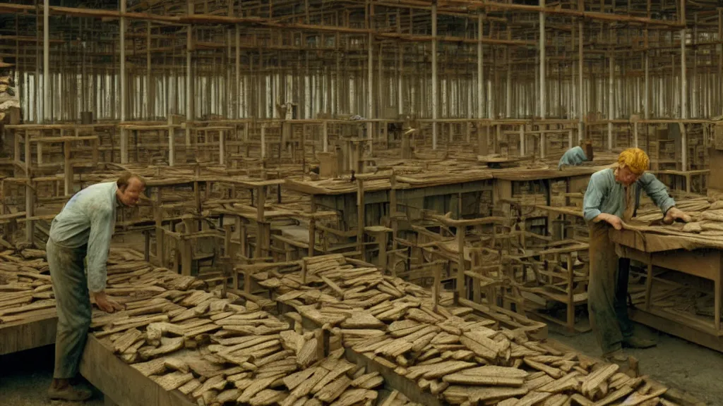 Image similar to a man working in a wood factory, film still from the movie directed by wes anderson with art direction by zdzisław beksinski, wide lens
