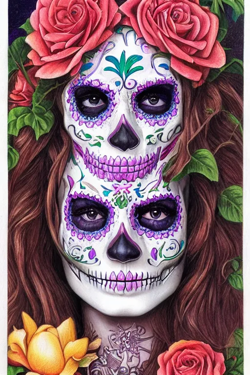 Prompt: Illustration of a sugar skull day of the dead girl, art by Gilbert Williams