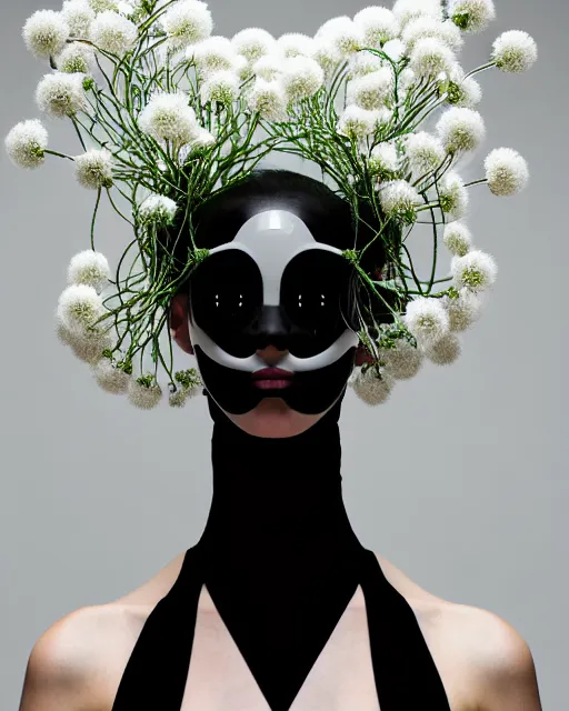 Prompt: symmetrical portrait of a woman wearing a white embroidered translucent silicone mask and white frizzy hair buns, wearing a black bodysuit by alexander mcqueen, standing in a sterile room full of translucent silicone flowers and plants, white background, soft diffused light, biotechnology, humanoide robot, futuristic aesthetic, translucent, ethereal, intricate details, highly detailed, masterpiece,